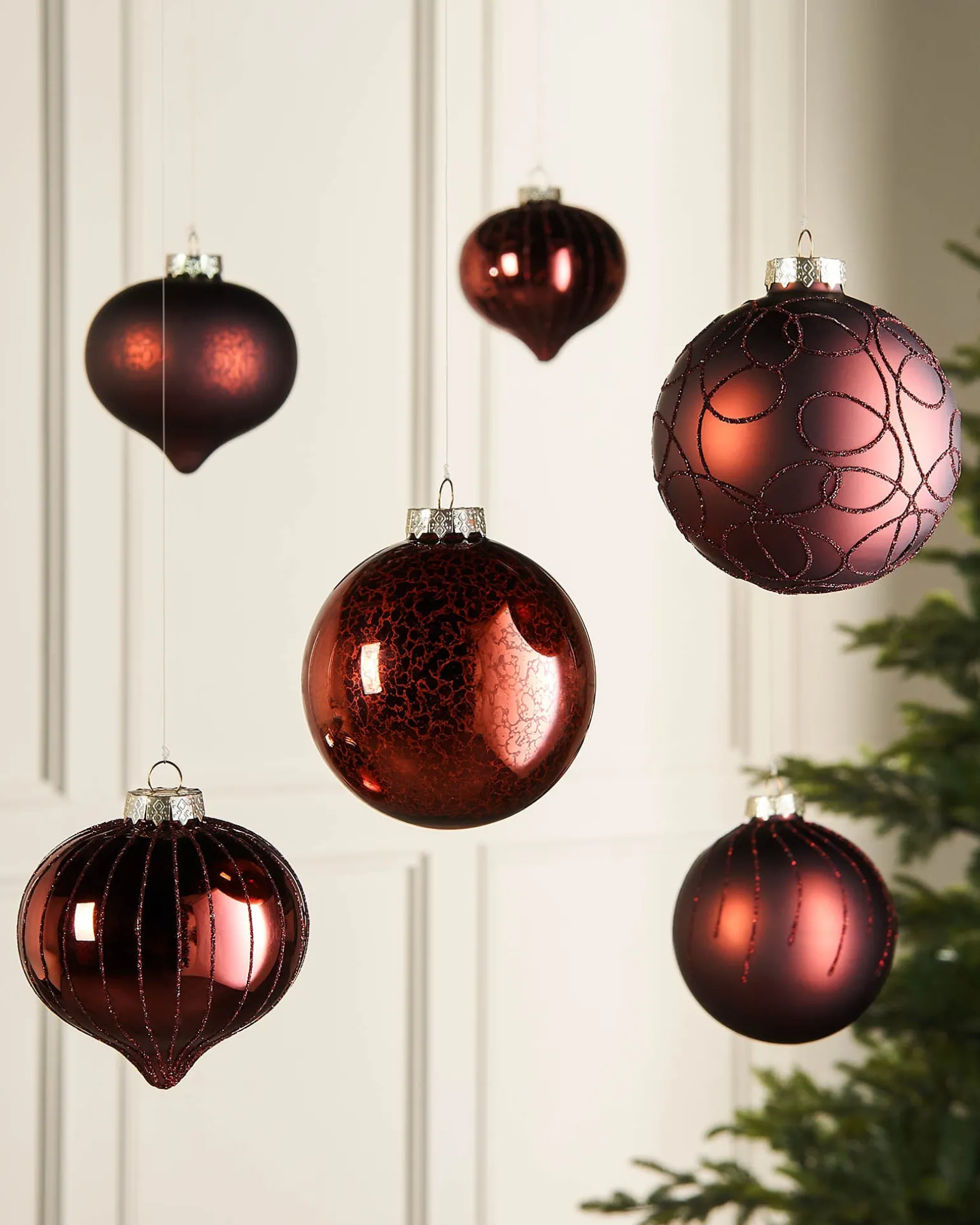 Burgundy Glass Baubles, 6 Pack, 10 Cm