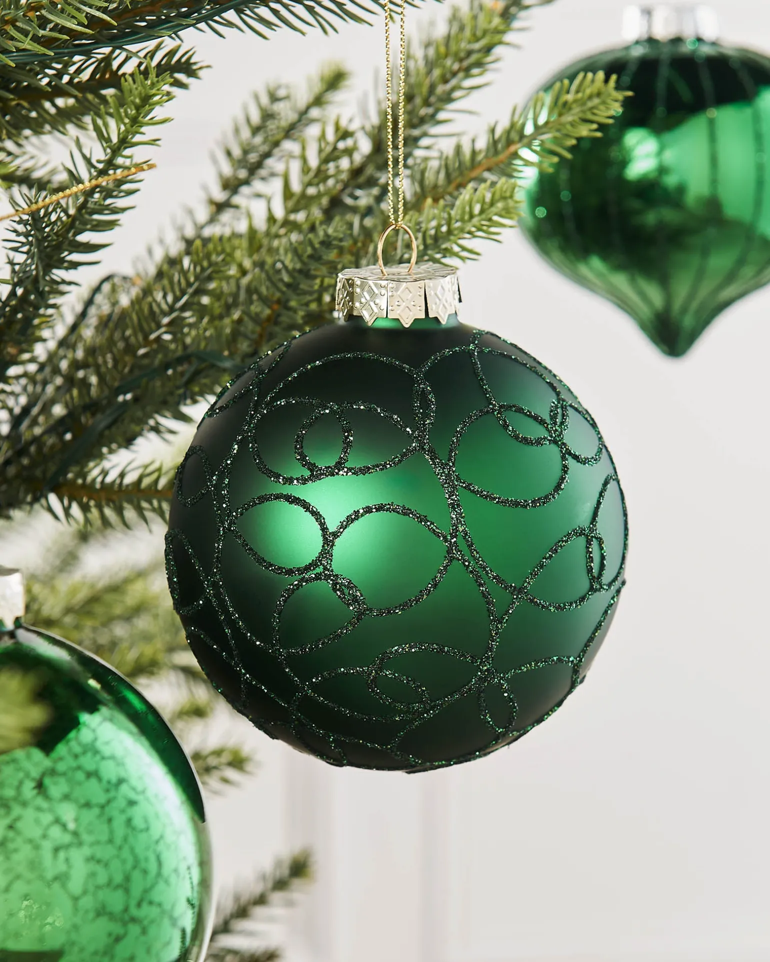 Christmas Green Glass Baubles, 6 Pack, 10 Cm