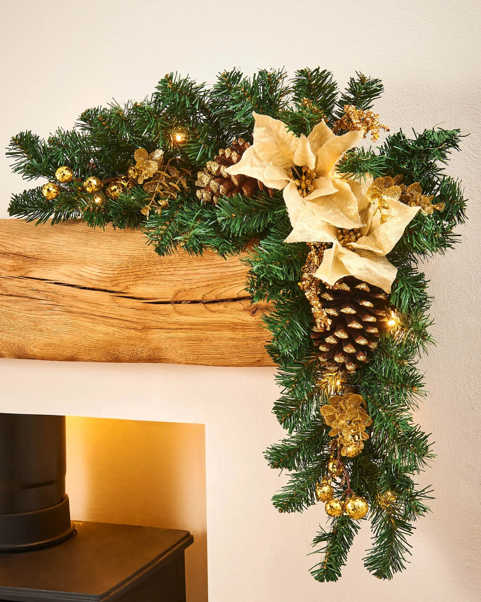 Pre-Lit Decorated Arch Garland, Cream/Gold, 3 Ft