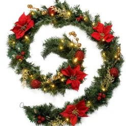 Pre-Lit Decorated Garland, Red/Gold, 9 Ft
