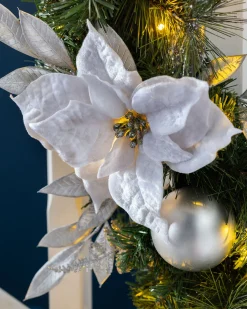 Pre-Lit Decorated Garland, Silver/White, 9 Ft