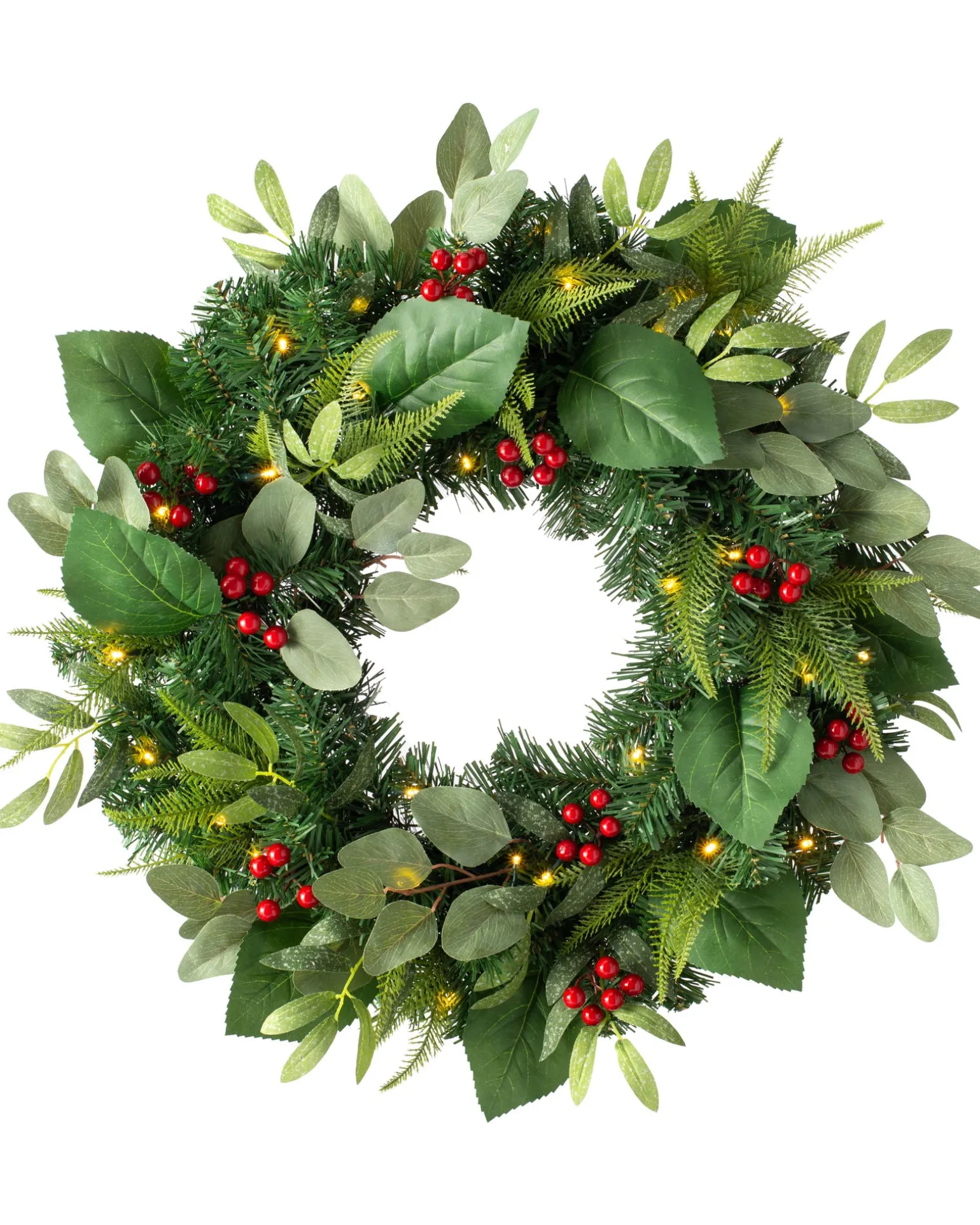 Pre-Lit Decorated Wreath, Berries & Eucalyptuses, 60 Cm