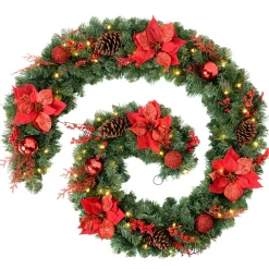 Pre-Lit Extra Thick Decorated Garland, Red/Gold, 9 Ft