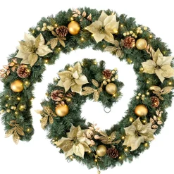 Pre-Lit Extra Thick Garland, Static, Cream/Gold, 9 Ft