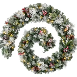 Pre-Lit Extra Thick Mixed Pine Snow Flocked Garland, Pinecones & Berries, Static, 9 Ft