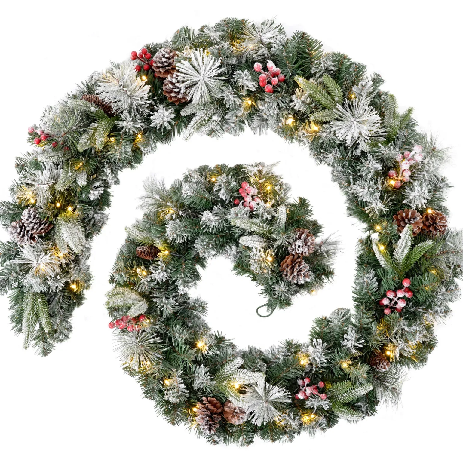 Pre-Lit Extra Thick Mixed Pine Snow Flocked Garland, Pinecones & Berries, 9 Ft