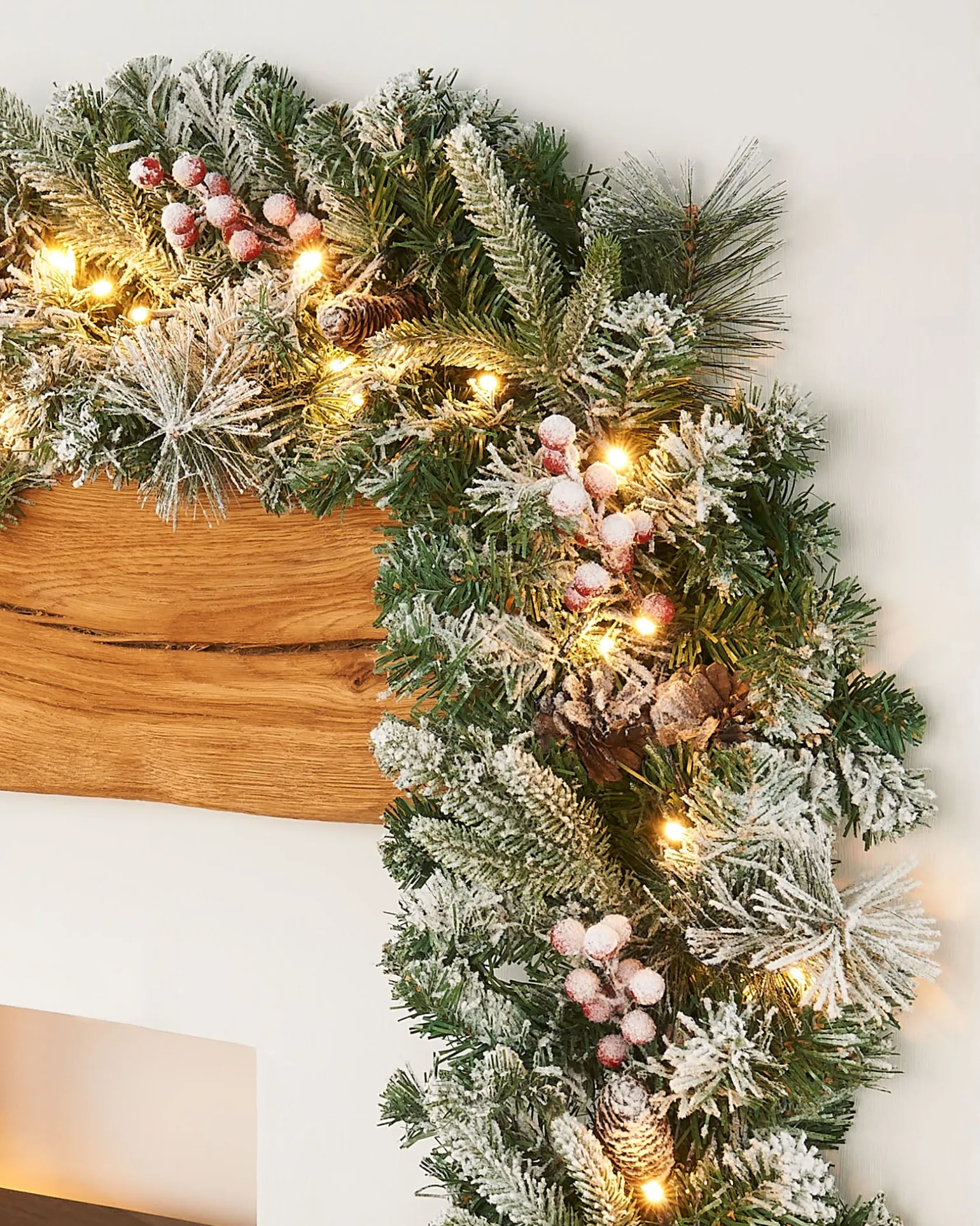 Pre-Lit Extra Thick Mixed Pine Snow Flocked Garland, Pinecones & Berries, 9 Ft