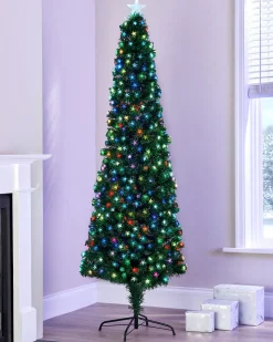 Pre-Lit Fibre Optic Pencil Christmas Tree With Multi-Coloured LED Stars, 6 Ft