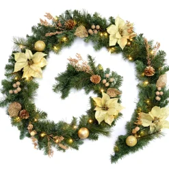 Pre-Lit Multi-Function Decorated Garland, Cream/Gold, 9 Ft