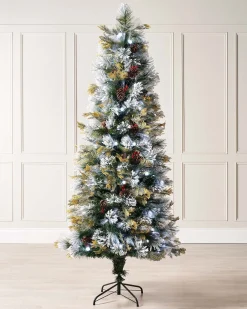 Pre-Lit Snow Flocked Pinecones & Berries Fibre Optic Christmas Tree, 7 Ft