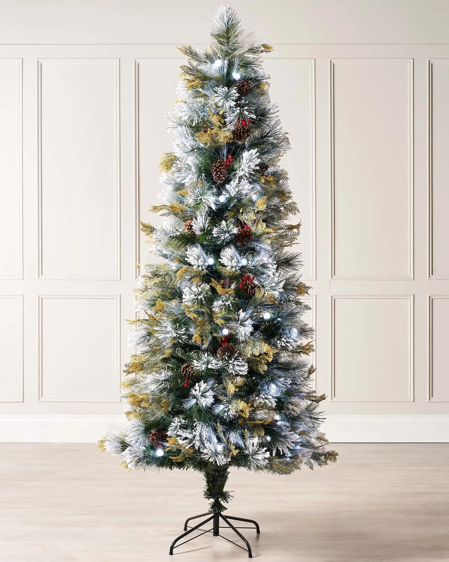 Pre-Lit Snow Flocked Pinecones & Berries Fibre Optic Christmas Tree, 7 Ft