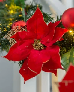 Pre-Lit Warm White Decorated Garland, Red/Gold, 9 Ft