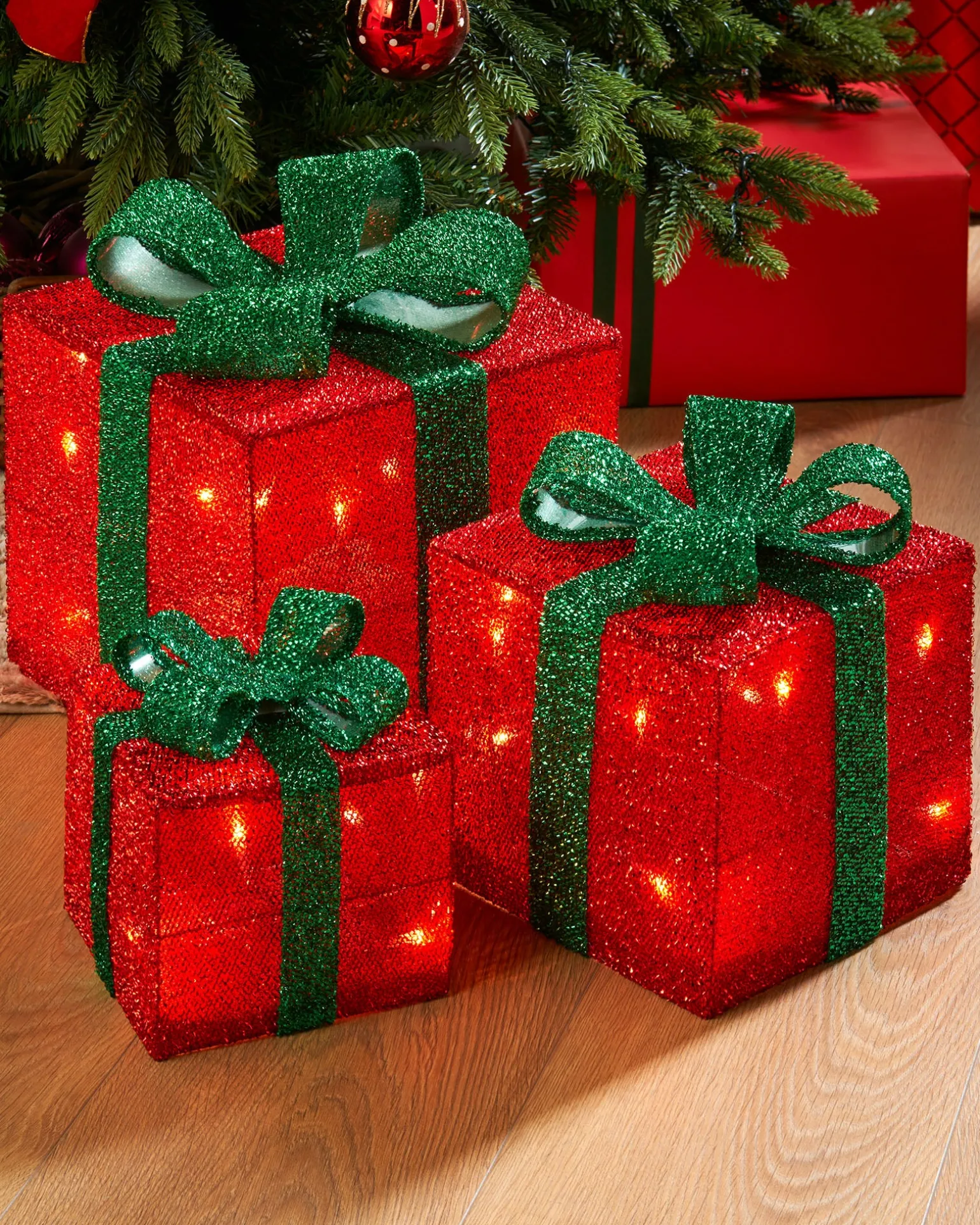 Set Of 3 Pre-Lit Gift Box Silhouettes, Red, 26 Cm