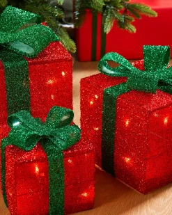 Set Of 3 Pre-Lit Gift Box Silhouettes, Red, 26 Cm
