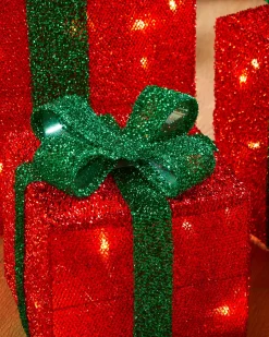 Set Of 3 Pre-Lit Gift Box Silhouettes, Red, 26 Cm