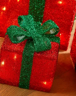 Set Of 3 Pre-Lit Gift Box Silhouettes 50 LED , Red