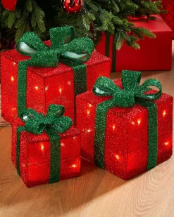Set Of 3 Pre-Lit Gift Box Silhouettes 50 LED , Red